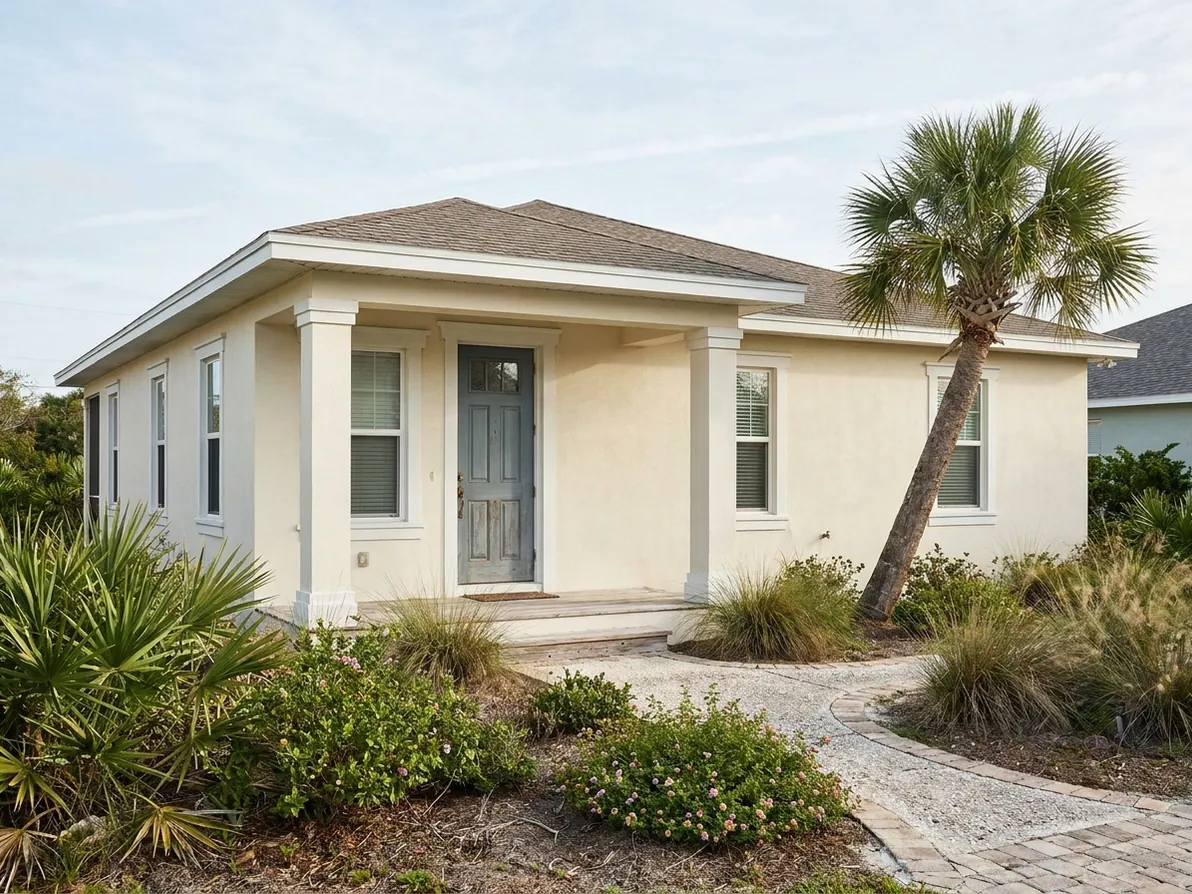 Cream home with a curved walkway and a palm beside the entrance