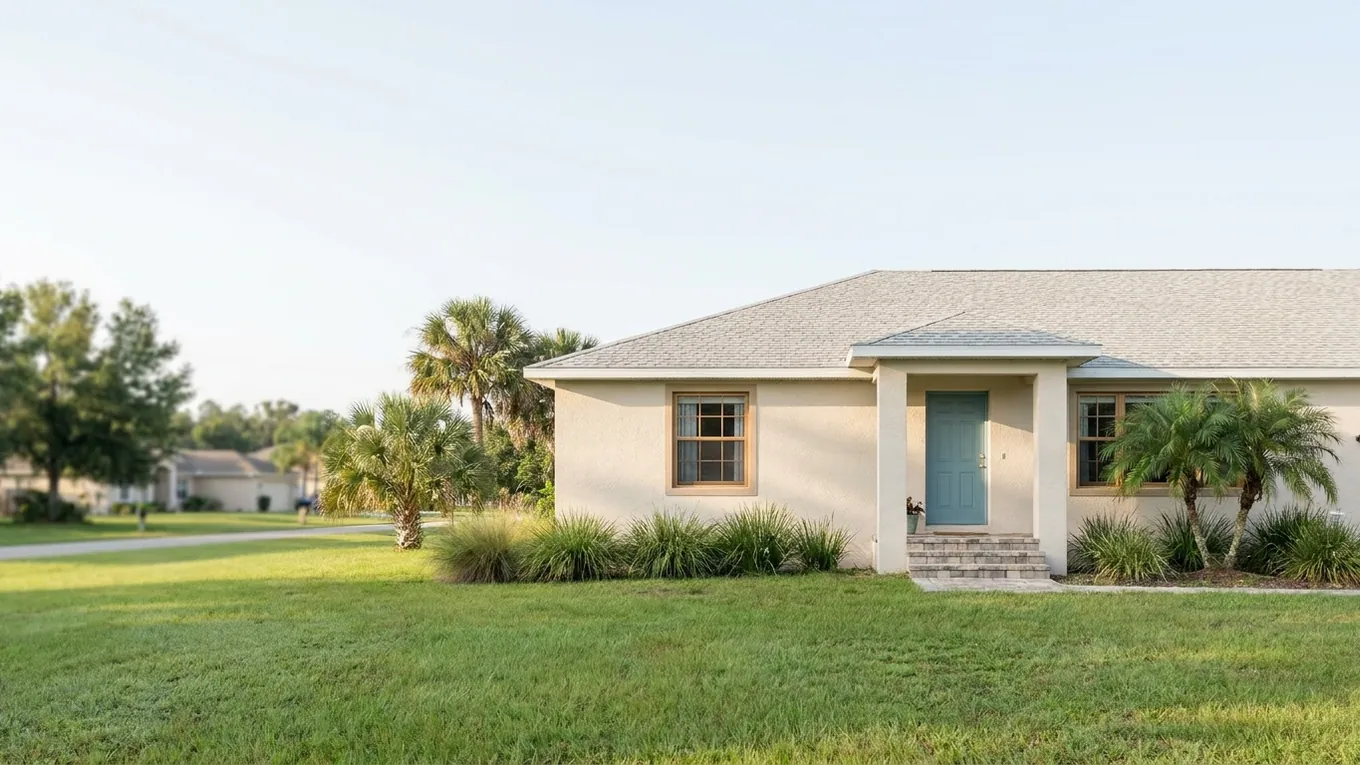 Sand-colored stucco home with a blue door and coastal landscaping